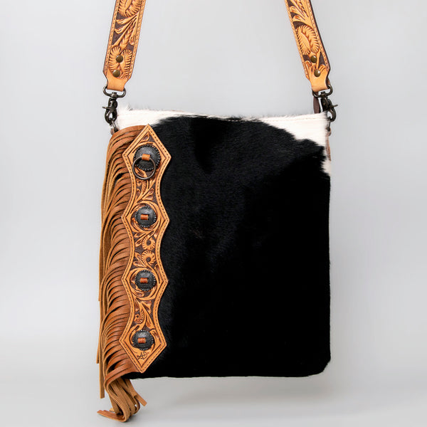 ADBG464BRW Western Black Hair On Hide & Hand Tooled Leather Fringe Chaps Bag