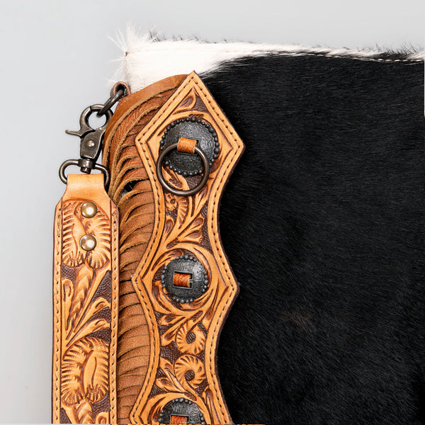 ADBG464BRW Western Black Hair On Hide & Hand Tooled Leather Fringe Chaps Bag