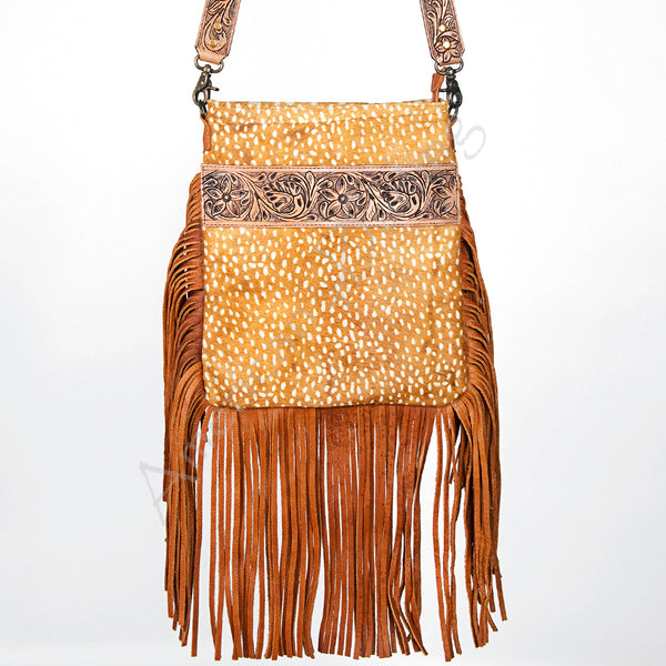 ADBGS192 Cowhide Large Crossbody Bag with Tooled Patch, Fringe & Floral Strap - Western Purse