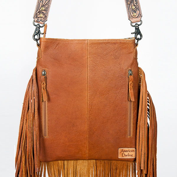 ADBGS192 Cowhide Large Crossbody Bag with Tooled Patch, Fringe & Floral Strap - Western Purse