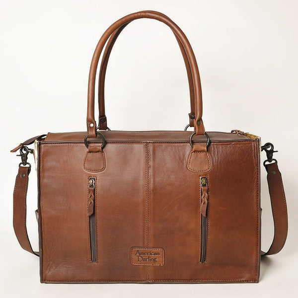 ADBGZ200 Tooled Leather & Cowhide Tote Bag with Fringe - Western Handbag with Shoulder Strap