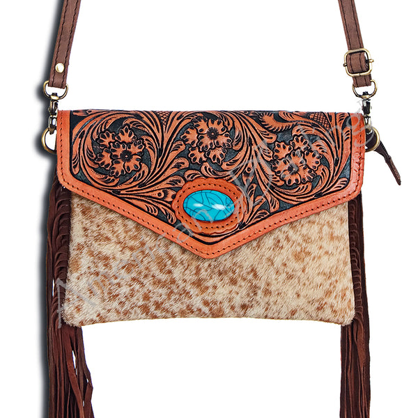 ADBGD101 American Darling Western Hand Tooled Floral Envelope - Turquoise Stone & Cowhide