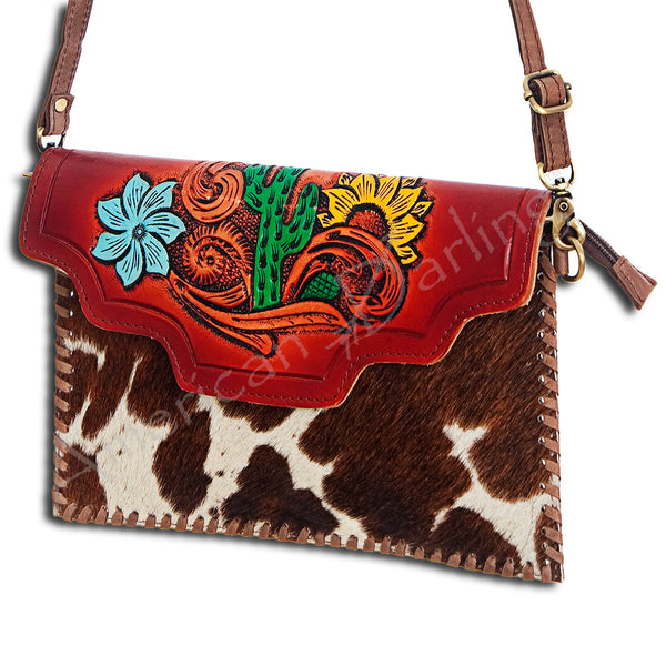 ADBGD103 American Darling Hand Tooled Floral & Hair-On Cowhide Leather Envelope Crossbody
