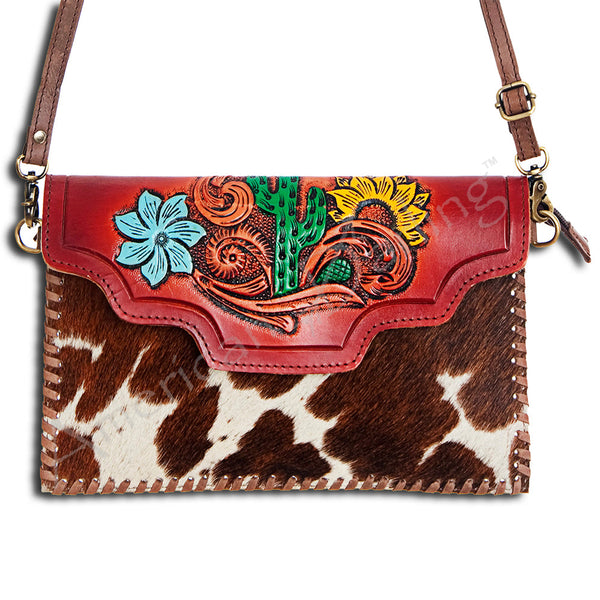 ADBGD103 American Darling Hand Tooled Floral & Hair-On Cowhide Leather Envelope Crossbody