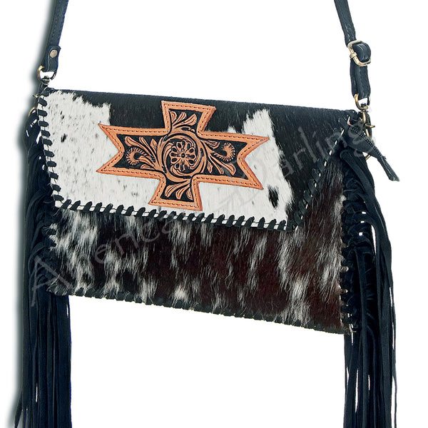 ADBGD106 American Darling Hair-On Cowhide Crossbody Bag with Tooled Leather Star Patch & Fringe