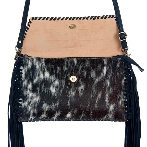 ADBGD106 American Darling Hair-On Cowhide Crossbody Bag with Tooled Leather Star Patch & Fringe