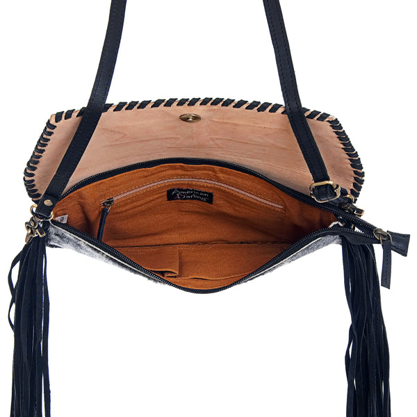 ADBGD106 American Darling Hair-On Cowhide Crossbody Bag with Tooled Leather Star Patch & Fringe