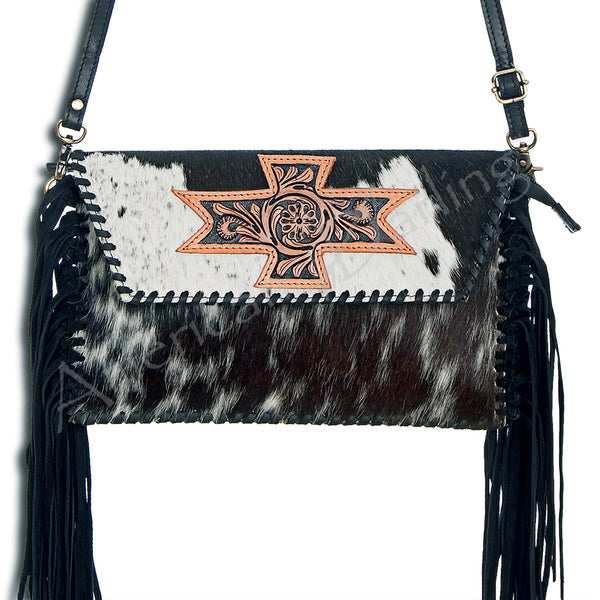 ADBGD106 American Darling Hair-On Cowhide Crossbody Bag with Tooled Leather Star Patch & Fringe