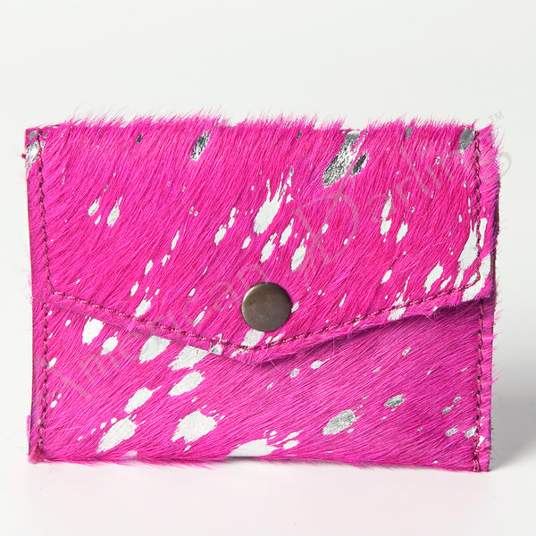 ADBGZ141PKACSL Hot Pink & Silver Hair-On Cowhide Card Holder - Western Leather Mini Wallet