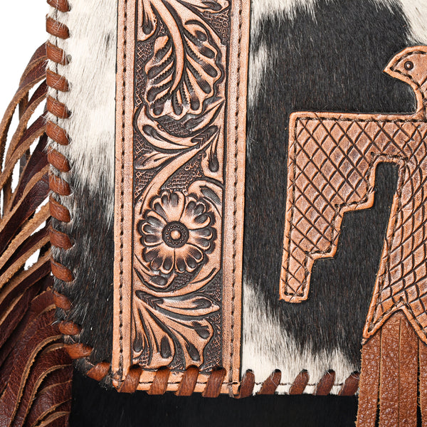 ADBG499BRW Tooled Leather Thunderbird Crossbody Bag with Fringe & Cowhide