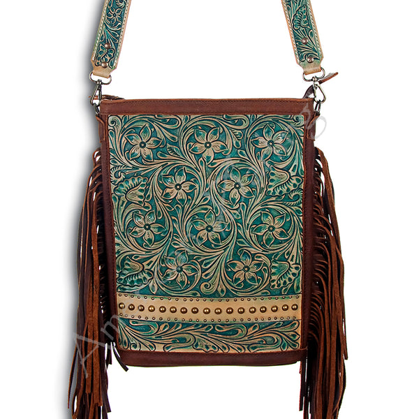 ADBG507 American Darling Large Cross body Bag - Hand Tooled Floral Leather & Western Fringe Crossbody