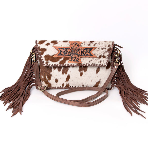 ADBGD106 American Darling Hair-On Cowhide Crossbody Bag with Tooled Leather Star Patch & Fringe