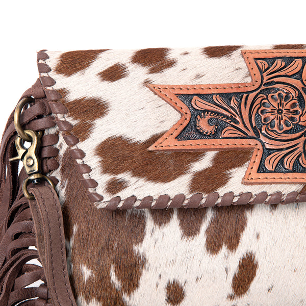 ADBGD106 American Darling Hair-On Cowhide Crossbody Bag with Tooled Leather Star Patch & Fringe