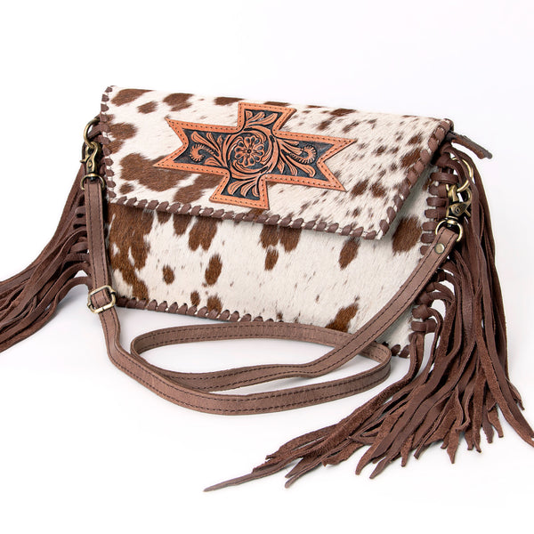 ADBGD106 American Darling Hair-On Cowhide Crossbody Bag with Tooled Leather Star Patch & Fringe