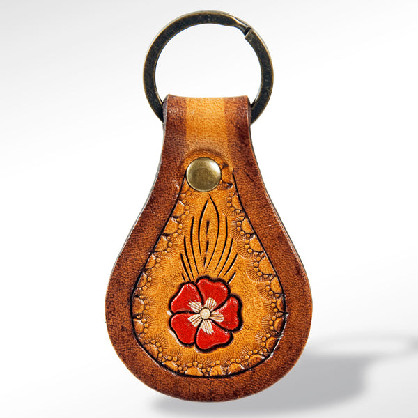 LC-ADKR155 Tooled Leather Keychain Red Flower Design