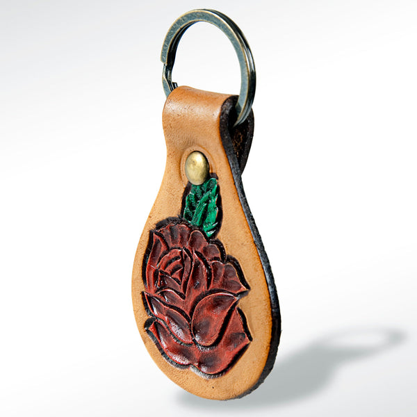 LC-ADKR157 Tooled Leather Keyring Red Flower Design