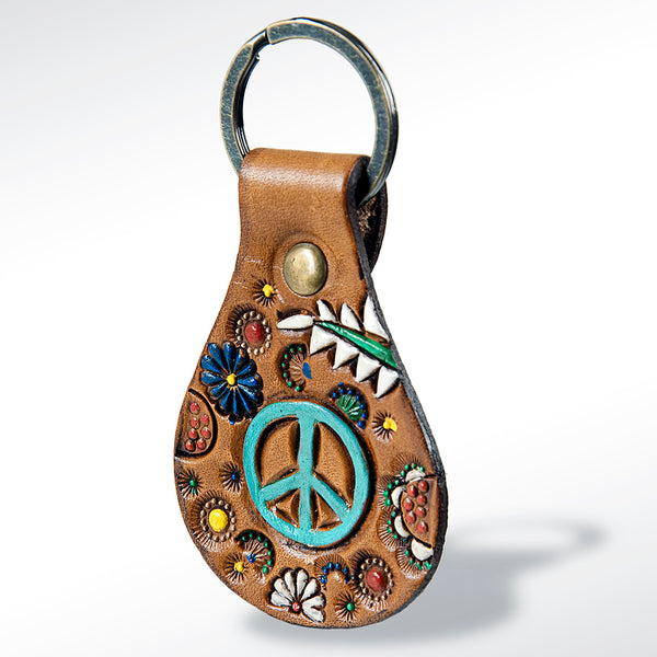 LC-ADKR158 Tooled Leather Keychain turquoise Peace Sign & Flowers
