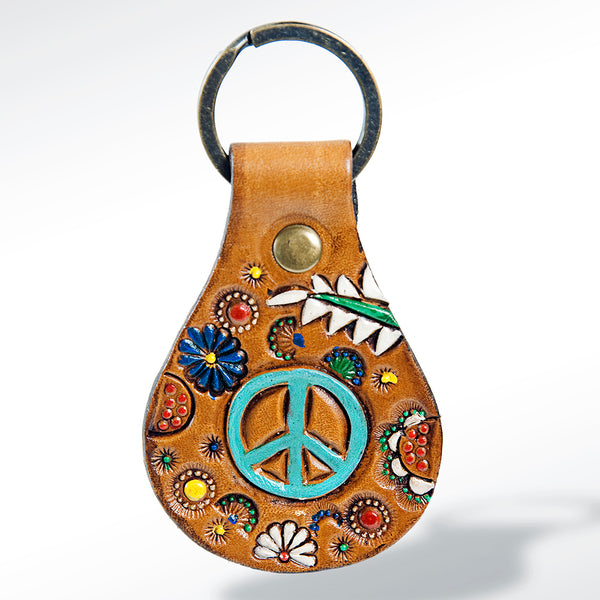 LC-ADKR158 Tooled Leather Keychain turquoise Peace Sign & Flowers