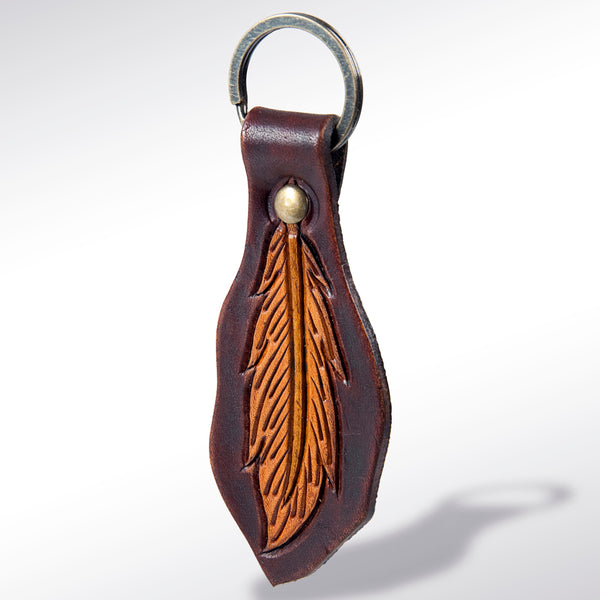 LC-ADKR159 Tooled Leather Feather Keyringwarm brown Western Leaf Shape