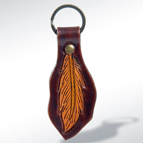 LC-ADKR159 Tooled Leather Feather Keyringwarm brown Western Leaf Shape