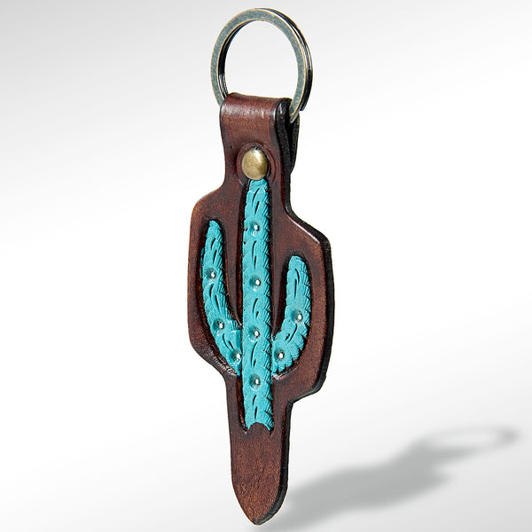 LC-ADKR163 Tooled Leather Turquoise Cactus keyring Western Saguaro Design