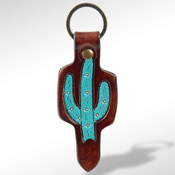 LC-ADKR163 Tooled Leather Turquoise Cactus keyring Western Saguaro Design