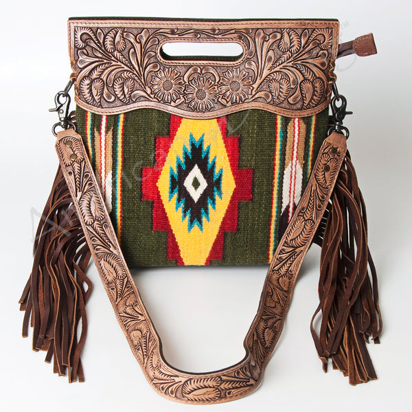 ADBG496 American DarlingAztec Wool Crossbody Bag with Hand Tooled Leather & Fringe