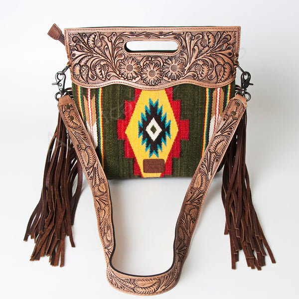 ADBG496 American DarlingAztec Wool Crossbody Bag with Hand Tooled Leather & Fringe