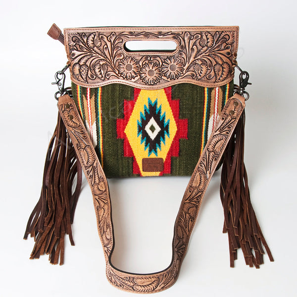 ADBG496 American DarlingAztec Wool Crossbody Bag with Hand Tooled Leather & Fringe