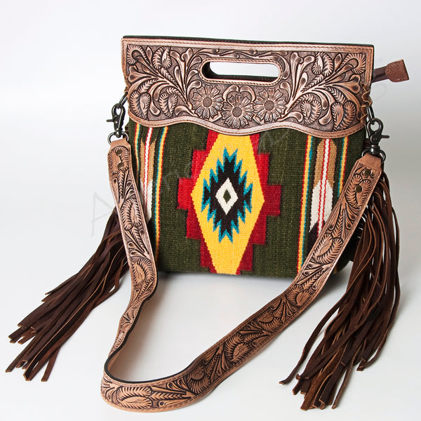 ADBG496 American DarlingAztec Wool Crossbody Bag with Hand Tooled Leather & Fringe