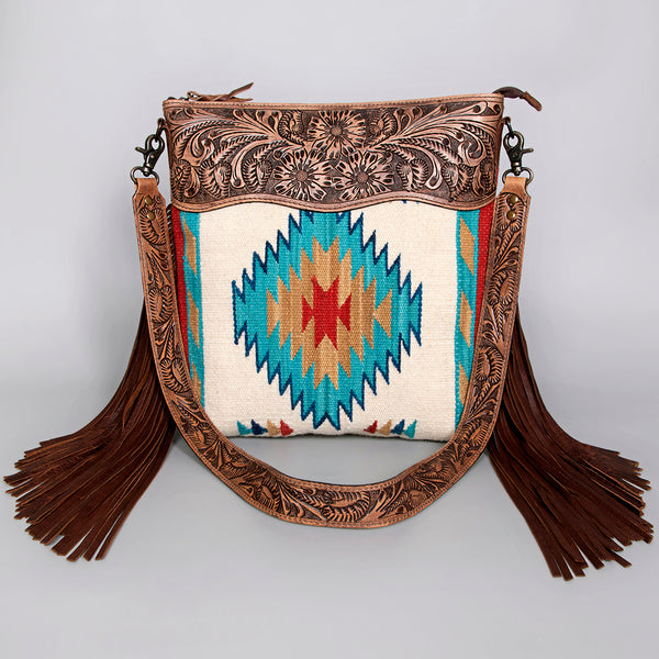 ADBG510 Tooled Leather & Saddle Blanket Crossbody Bag Western Fringe Purse by American Darling