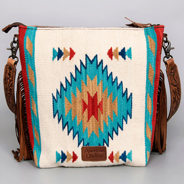 ADBG510 Tooled Leather & Saddle Blanket Crossbody Bag Western Fringe Purse by American Darling