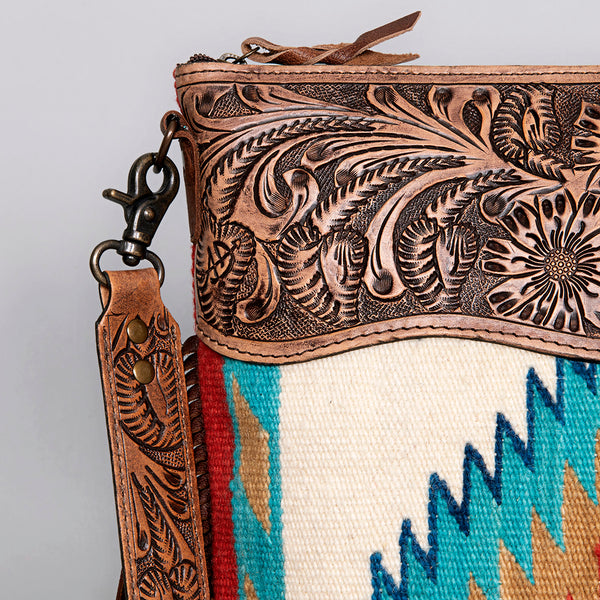 ADBG510 Tooled Leather & Saddle Blanket Crossbody Bag Western Fringe Purse by American Darling