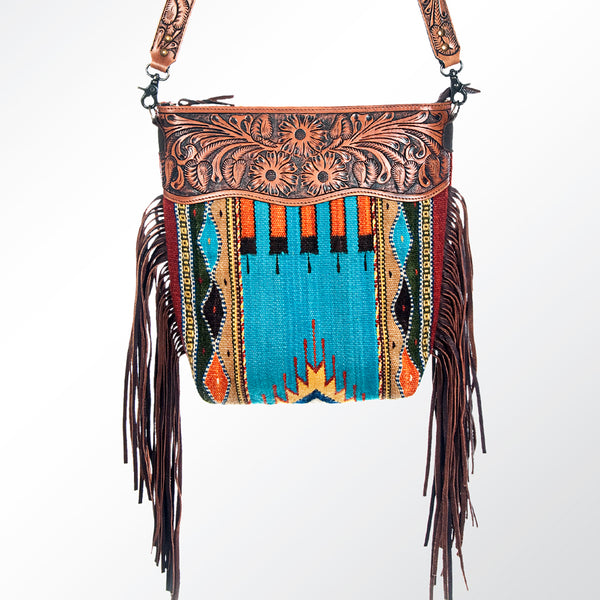 ADBG510 Tooled Leather & Saddle Blanket Crossbody Bag Western Fringe Purse by American Darling