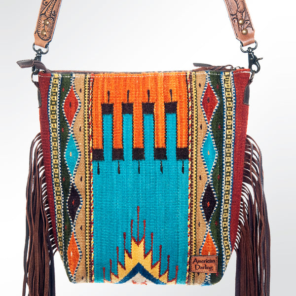 ADBG510 Tooled Leather & Saddle Blanket Crossbody Bag Western Fringe Purse by American Darling