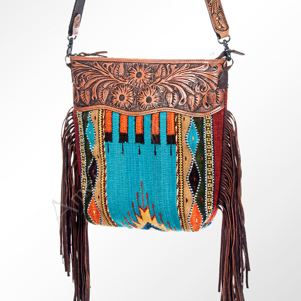 ADBG510 Tooled Leather & Saddle Blanket Crossbody Bag Western Fringe Purse by American Darling