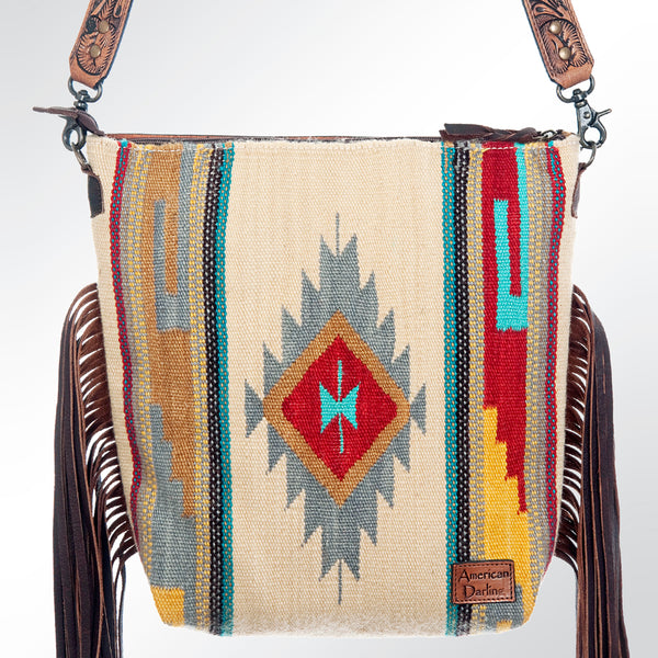ADBG510 Tooled Leather & Saddle Blanket Crossbody Bag Belle Western Fringe Purse by American Darling