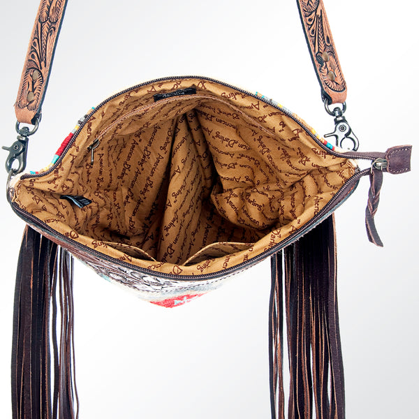 ADBG510 Tooled Leather & Saddle Blanket Crossbody Bag Belle Western Fringe Purse by American Darling