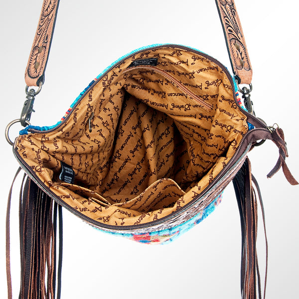 ADBG510 Tooled Leather & Saddle Blanket Crossbody Bag - Western Fringe Purse by American Darling