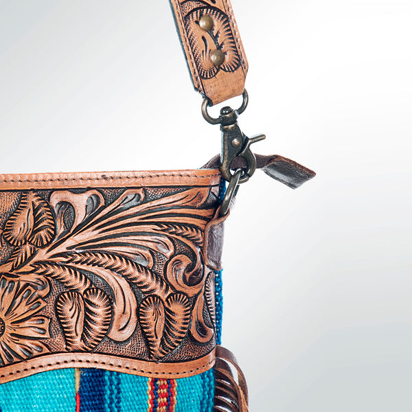 ADBG510 Tooled Leather & Saddle Blanket Crossbody Bag - Western Fringe Purse by American Darling
