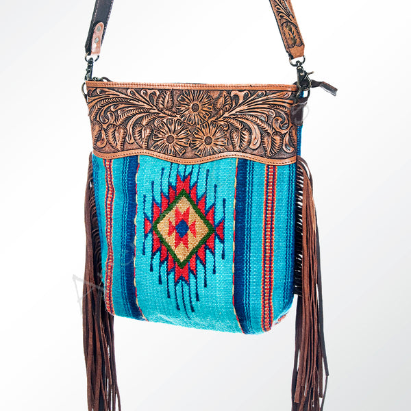 ADBG510 Tooled Leather & Saddle Blanket Crossbody Bag - Western Fringe Purse by American Darling