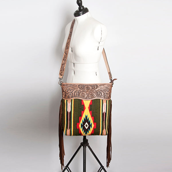 ADBG510 Tooled Leather & Saddle Blanket Crossbody Bag - Western Fringe Purse by American Darling