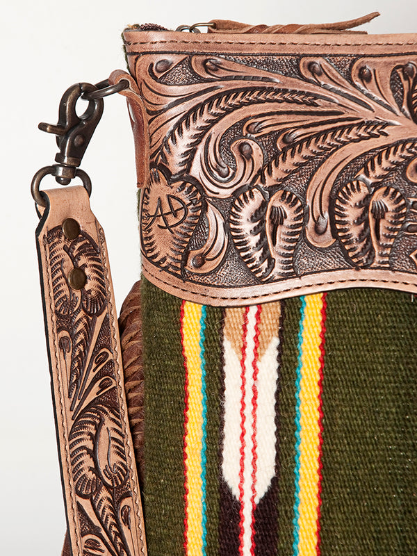 ADBG510 Tooled Leather & Saddle Blanket Crossbody Bag - Western Fringe Purse by American Darling