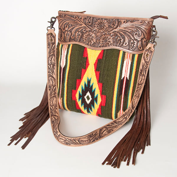 ADBG510 Tooled Leather & Saddle Blanket Crossbody Bag - Western Fringe Purse by American Darling