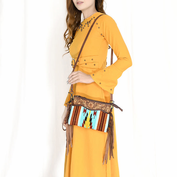 LC-ADBGZ183 Southwestern Wool Crossbody Bag with Tooled Leather & Fringe - Western Style Purse