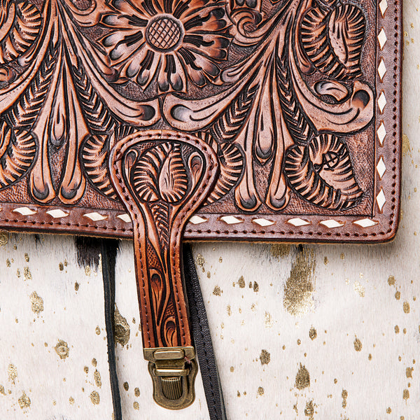 LC-ADBGZ101ACGO Gold Speckled Cowhide Backpack with Hand-Tooled Floral Leather Flap - Western Boho Travel Bag