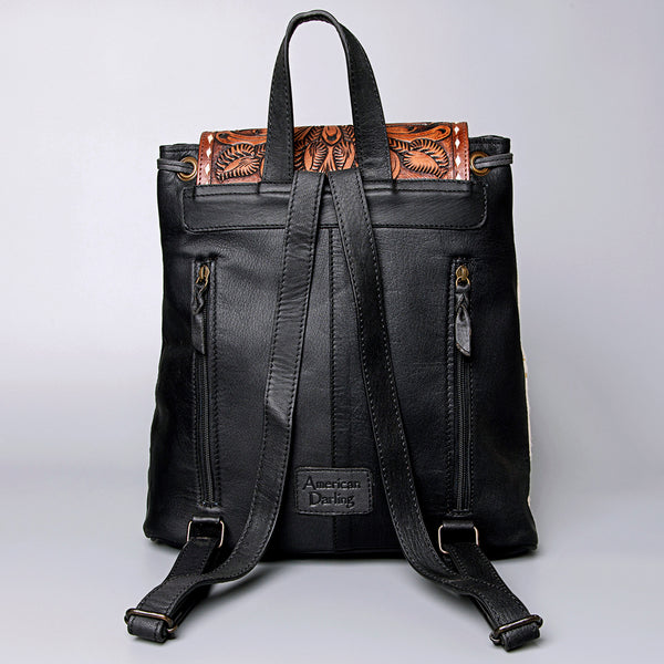 LC-ADBGZ101ACGO Gold Speckled Cowhide Backpack with Hand-Tooled Floral Leather Flap - Western Boho Travel Bag