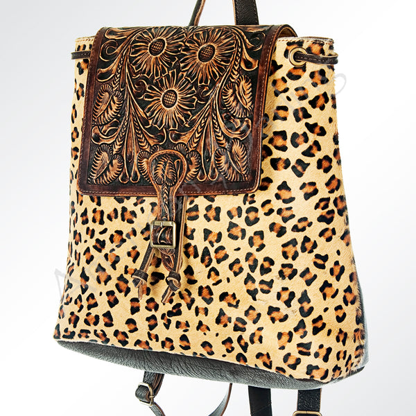 LC-ADBGZ101CHE Leopard Print Cowhide Backpack with Floral Tooled Leather Flap - Western Chic