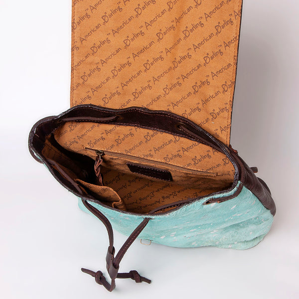 LC-ADBGZ101TRQ Turquoise Acid-Wash Cowhide Backpack with Floral Tooled Leather Flap - Western Chic