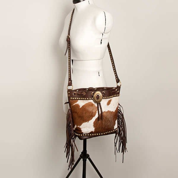 ADBGI102 Studded Leather Fringe Crossbody Bucket Bag - Western Cowhide Style